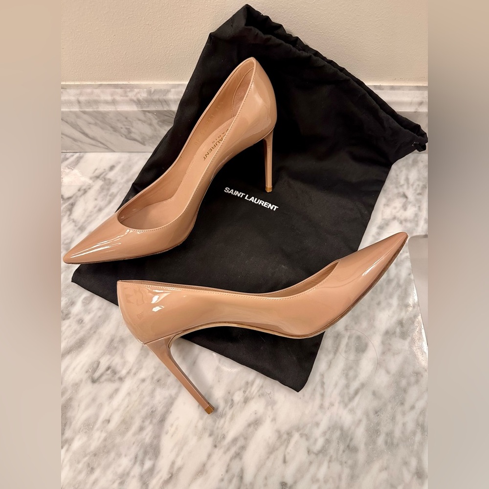 Saint Laurent YSL Zoe 105mm Nude Patent Leather Stiletto Heels 36.5 Authentic